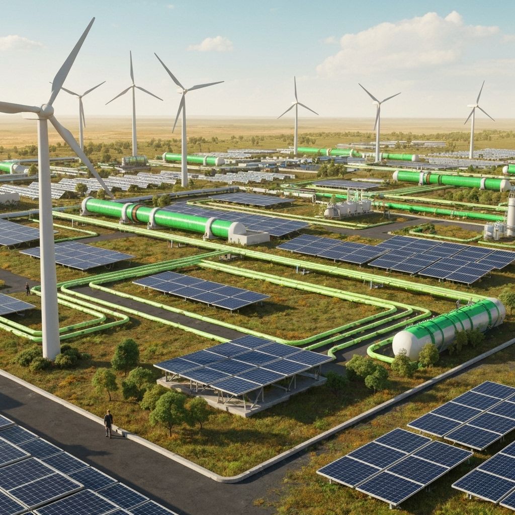 Clean hydrogen production facility with renewable energy sources including solar panels and wind turbines