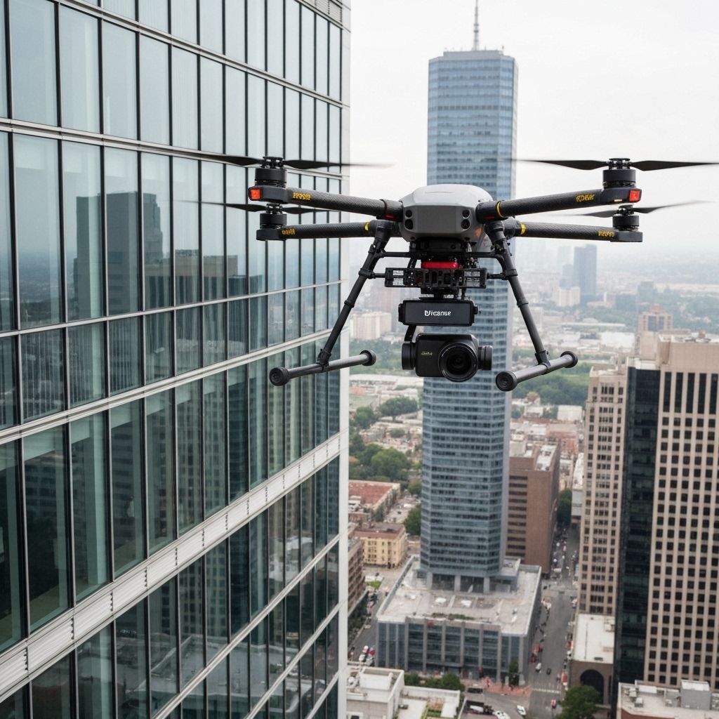 HewaTek rotor drone performing detailed inspection of modern skyscraper building facade